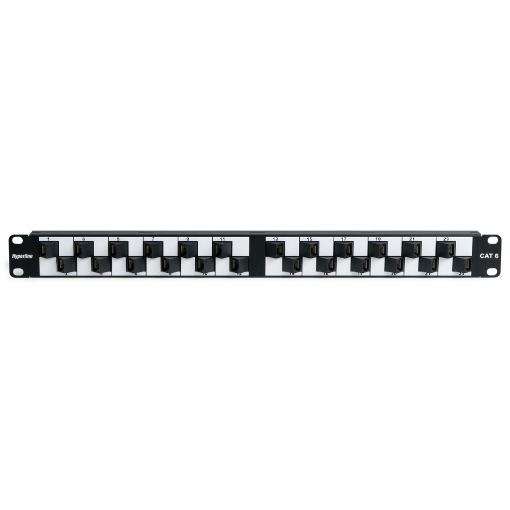 Hyperline PP2A-19-24S-8P8C-C6-110 Патч-панель 19", 1U, с угловыми портами, 24 порта RJ-45, категория 6, Dual IDC