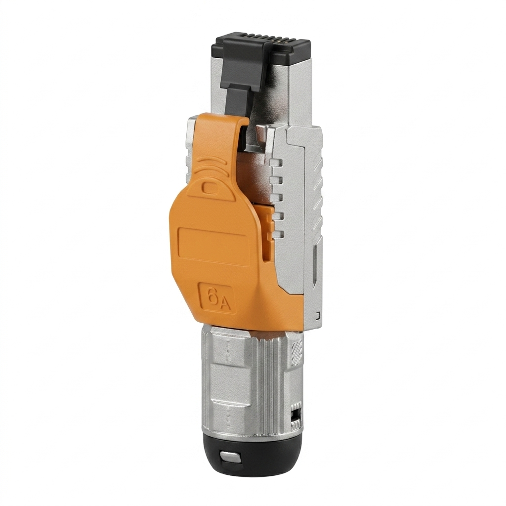Hyperline PLUE-8P8C-S-C6A-SH-OR Разъем полевой оконцовки RJ-45 (8P8C) под витую пару, для одножильного кабеля, toolless, категория 6A, экранированный, накручивающийся хвостовик, оранжевый