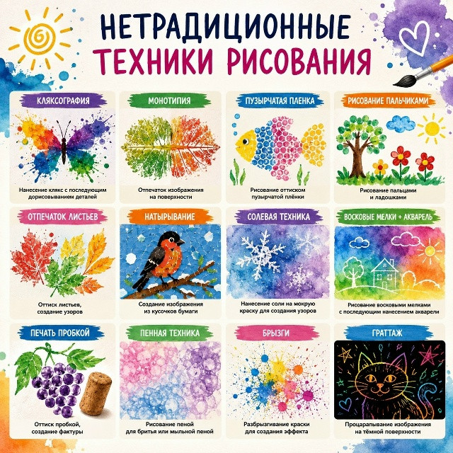 Комплект методических карточек «Нетрадиционные техники рисования для дошкольников» (Младшая, Средняя