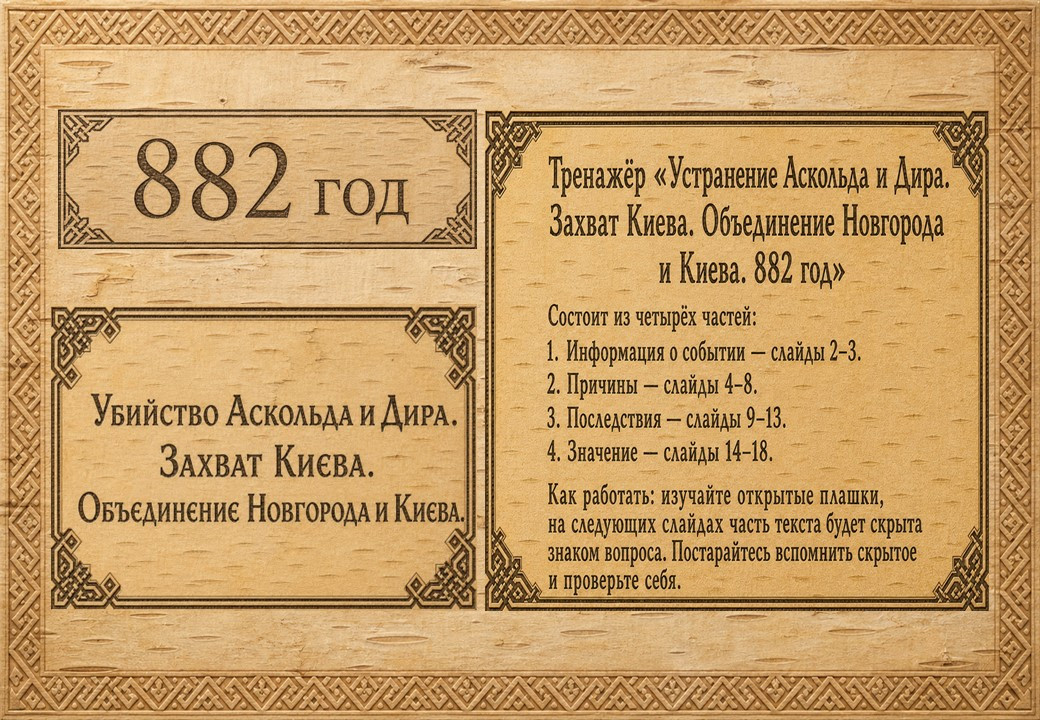 Убийство Аскольда и Дира. Захват Киева (882 год): интерактивная презентация-погружение (18 слайдов)