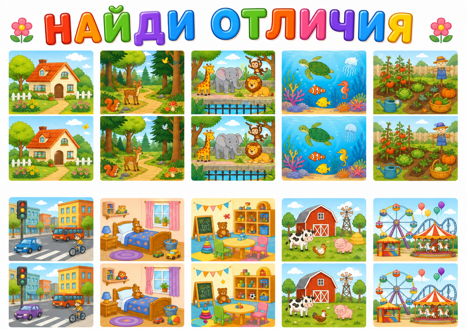🔍 Развивающее цветное пособие «Найди отличия» (Большой комплект карточек-игр)