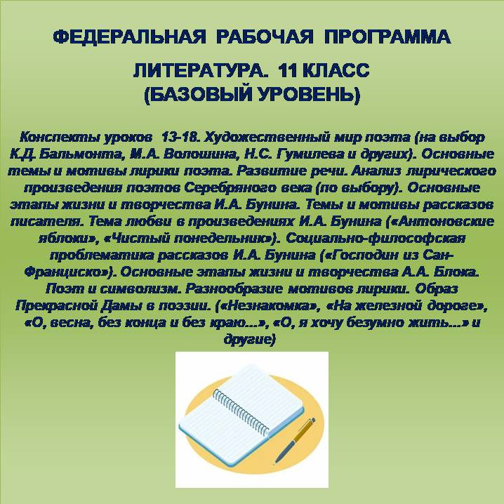 Литература 11 класс (базовый уровень). Конспекты уроков 13-18