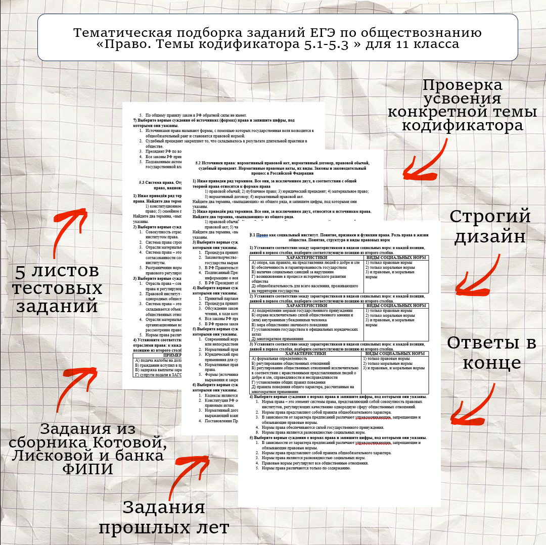 Тематическая подборка заданий ЕГЭ по обществознанию «Право. Темы кодификатора 5.1-5.3» для 11 класса