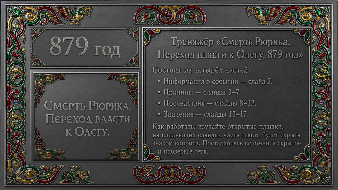 Смерть Рюрика. Переход власти к Олегу (879 год): интерактивная презентация-погружение (17 слайдов)