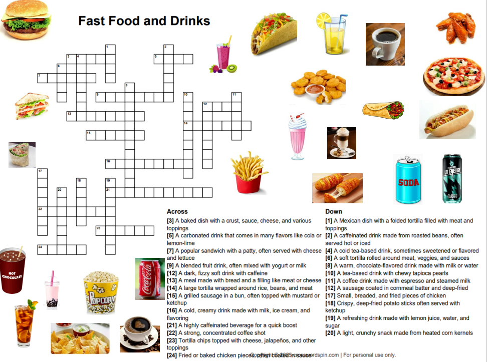 кроссворд по теме "Food&drinks"