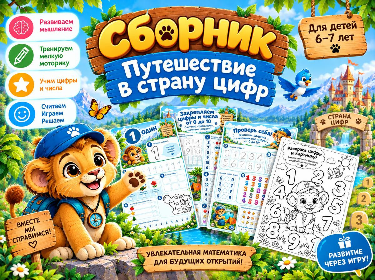 Математический сборник «Львёнок Лёва: путешествие в страну цифр» для детей 6–7 лет