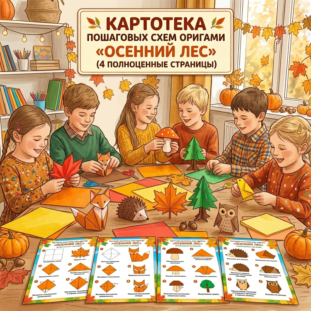 Картотека пошаговых схем оригами «Осенний лес» (4 полноценные страницы)