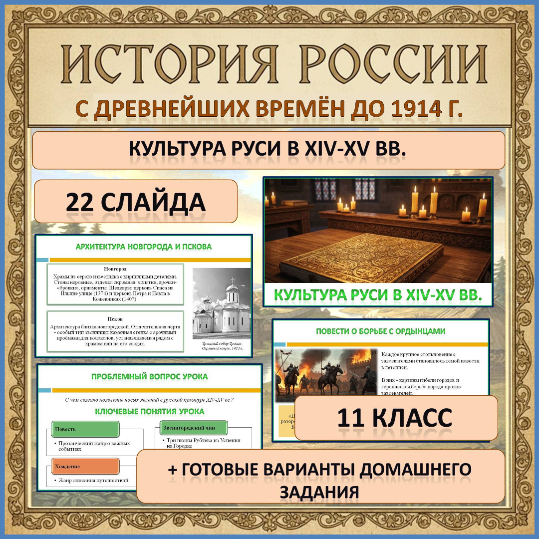 Презентация по истории России (с древнейших времён до 1914 г.) по теме: «Культура Руси в XIV-XV вв.»