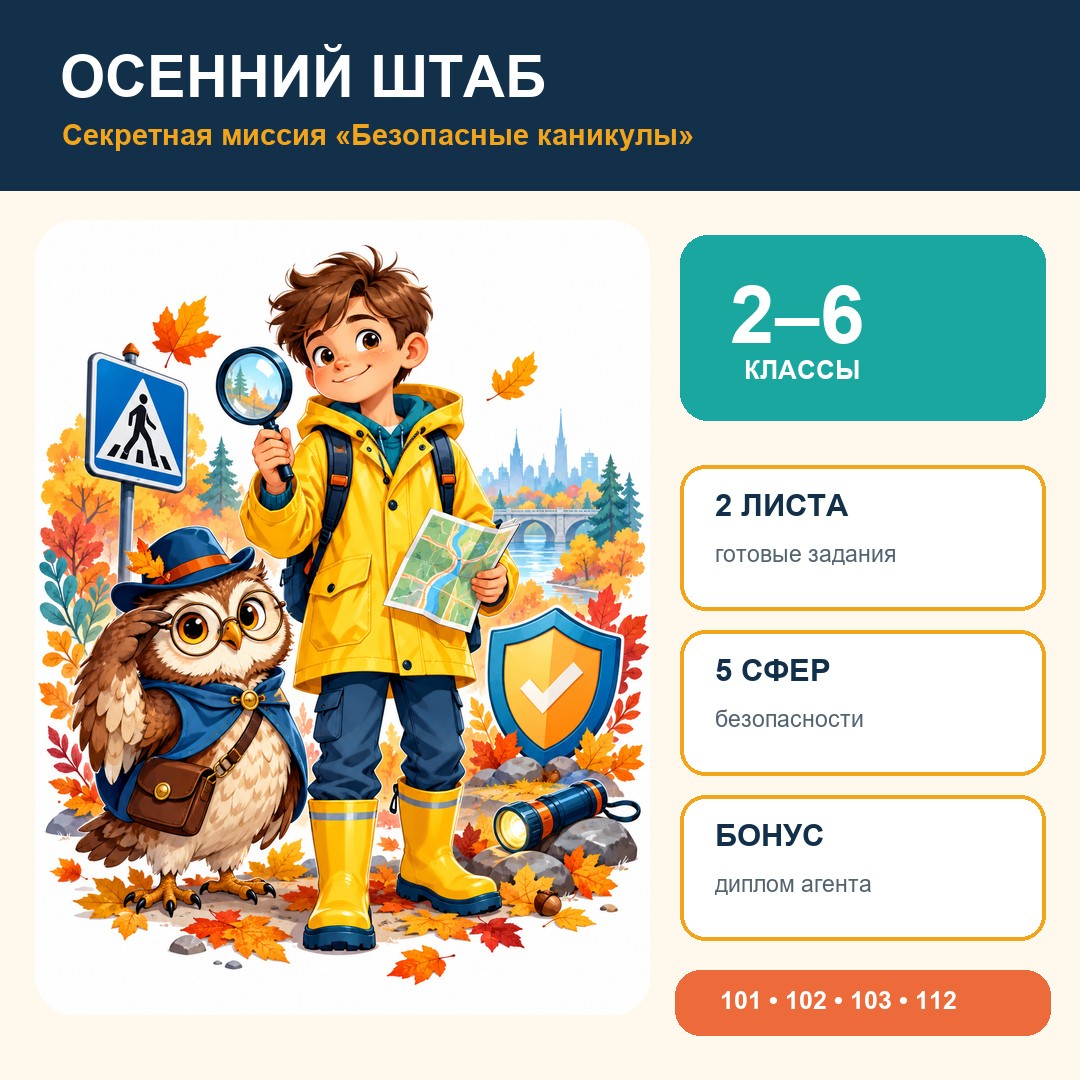 «Осенний штаб: секретная миссия „Безопасные каникулы“» — яркий комплект рабочих листов для учеников