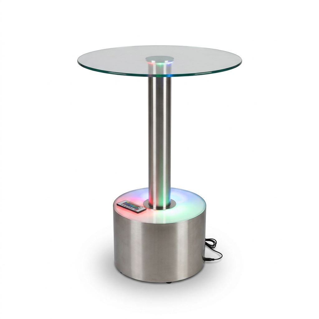 EXPOTEN KL-03649 барный стол, RGB, с пультом, с аккумулятором, стеклянная панель, основание из нержавеющей стали