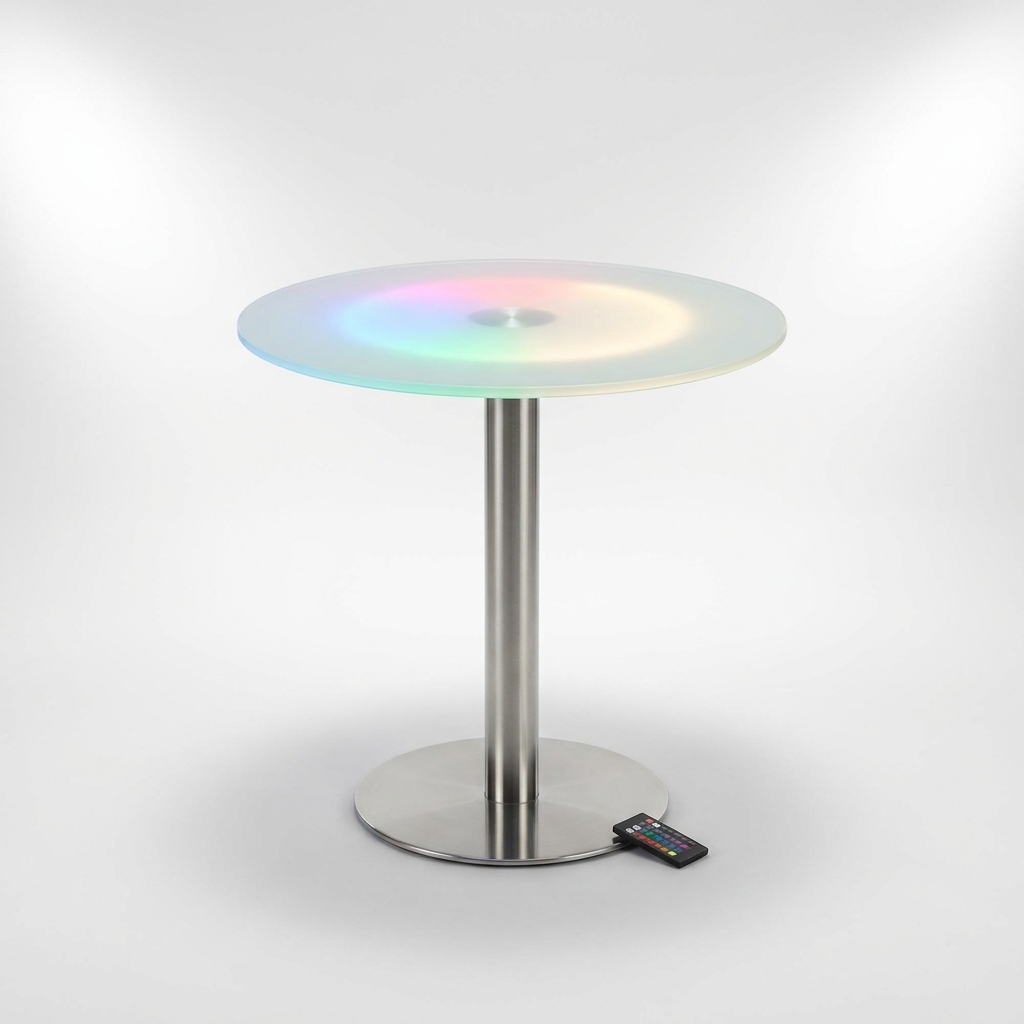 EXPOTEN KL-03659 стол, RGB+W, с аккумулятором, стеклянная столешница, основание нерж. сталь
