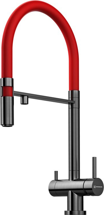 Смеситель для кухонной мойки Omoikiri Kanto GM-R вороненая сталь, гибкий шланг красный