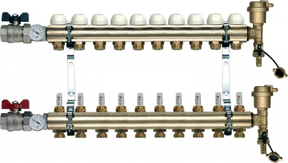 Коллектор Tiemme 1&quot; х 3/4&quot;, латунный, 10 выходов, с расходомерами (3870011)