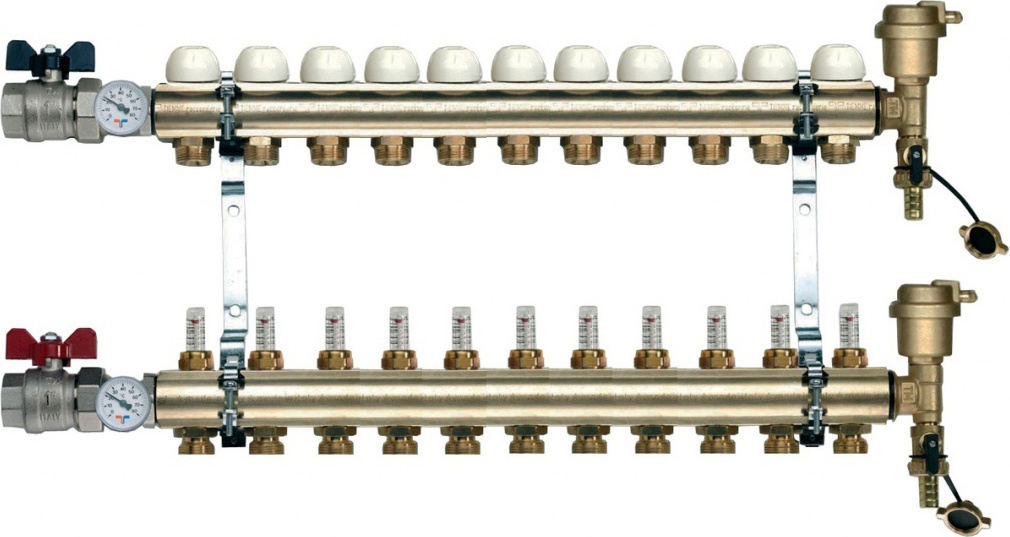 Коллектор Tiemme 1&quot; х 3/4&quot;, латунный, 11 выходов, с расходомером
