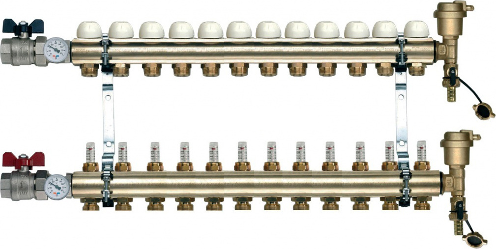 Коллектор Tiemme 1&quot; х 3/4&quot;, латунный, 12 выходов, с расходомером