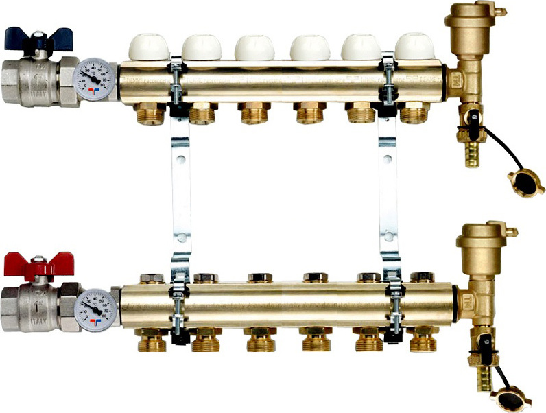 Коллектор Tiemme 1&quot; х 3/4&quot;, латунный, 6 выходов без расходомеров 3870007