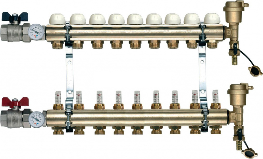 Коллектор Tiemme 1&quot; х 3/4&quot;, латунный, 9 выходов, с расходомером