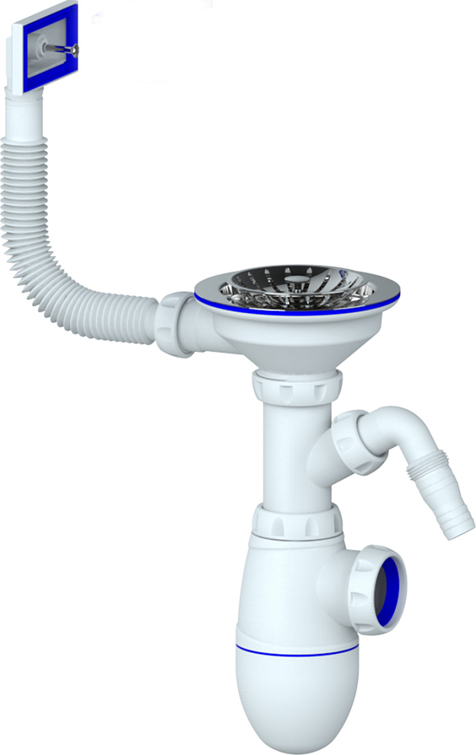 Сифон для мойки Unicorn B430V с прямоугольным переливом и отводом для стиральной машины
