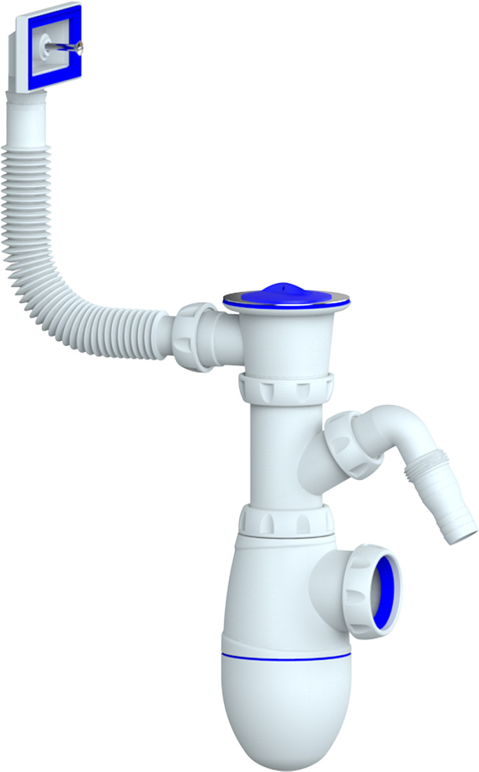 Сифон для мойки Unicorn B440V с прямоугольным переливом и отводом для стиральной машины