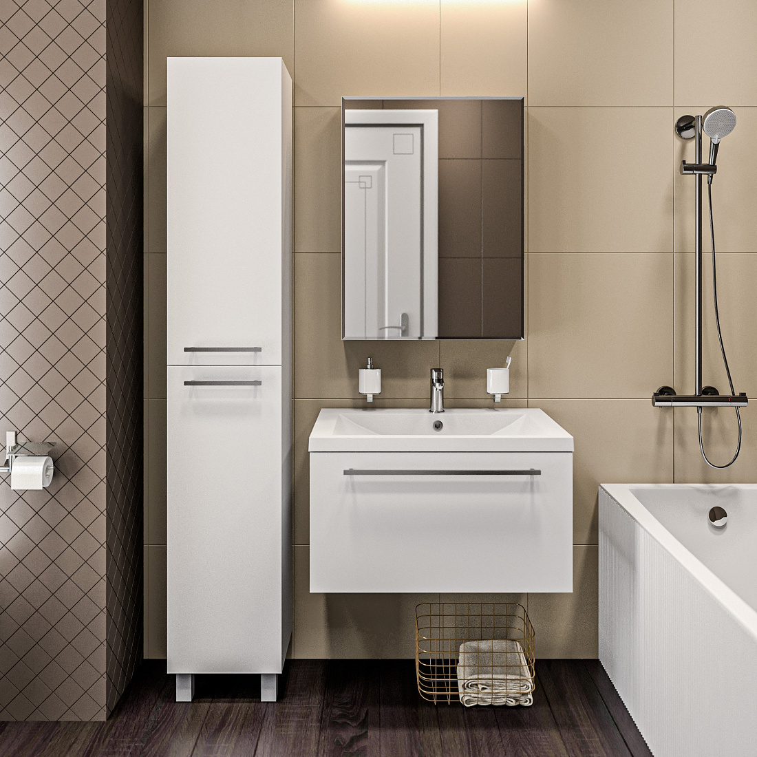 Шкаф-пенал 1MarKa Соната 35Н с 2 дверцами, белый глянец, правый, с бельевой корзиной