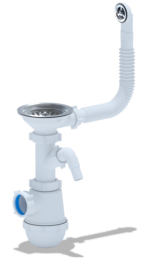 Сифон для мойки АНИ пласт Грот 3 1/2"x40 с отводом для стиральной  машины, с круглым гибким переливом