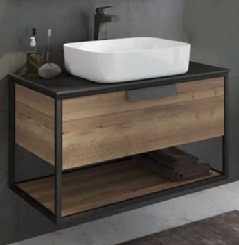 Тумба с раковиной Comforty Кёльн 90-1 дуб темный с черной столешницей (раковина T-Y9378)