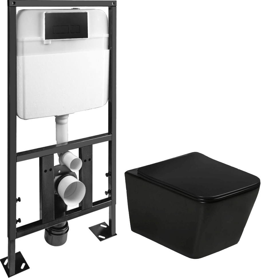 Комплект SantiLine SL-5004MB + SL-04 унитаз подвесной, безободковый, чёрный матовый сиденье микролифт + Инсталляция SantiLine с кнопкой