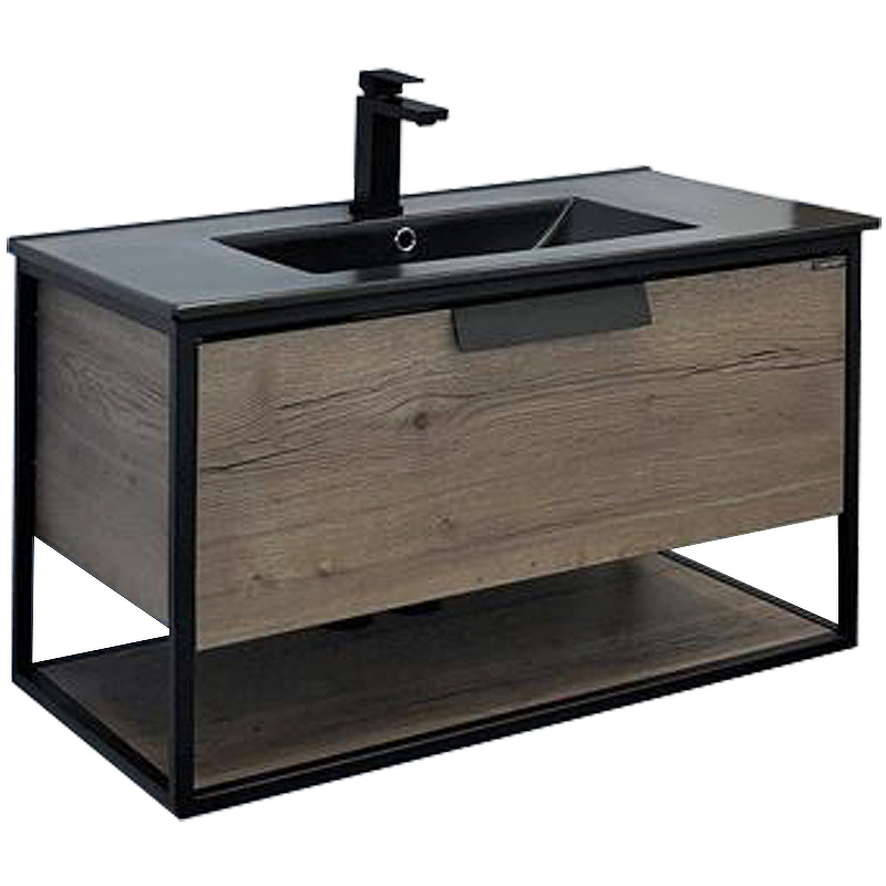 Тумба с раковиной Comforty Бонн 90 дуб темный (раковина Comforty 90E черная матовая)