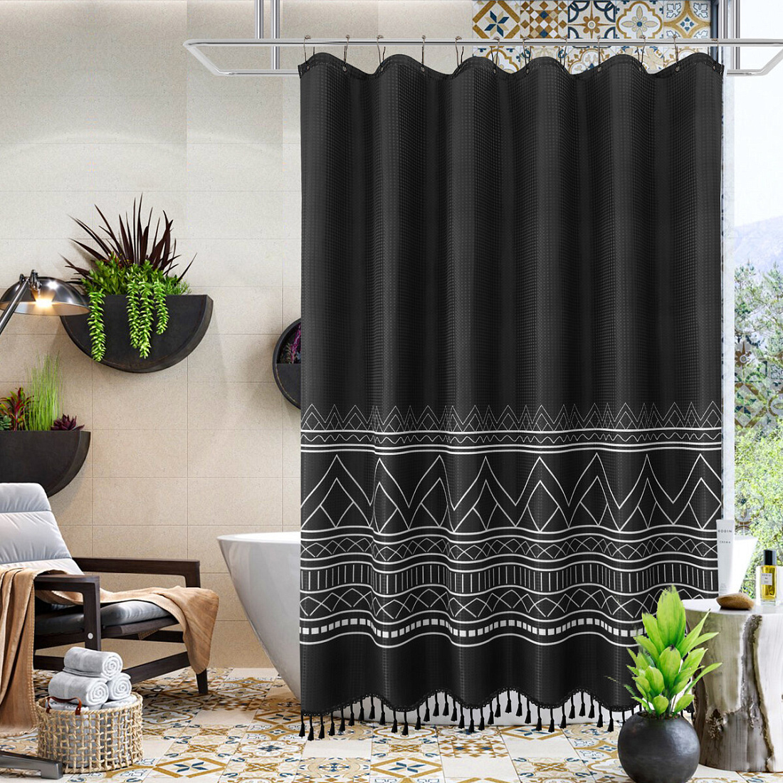 Штора для ванной Carnation Home Fashions Boho Black 183х213