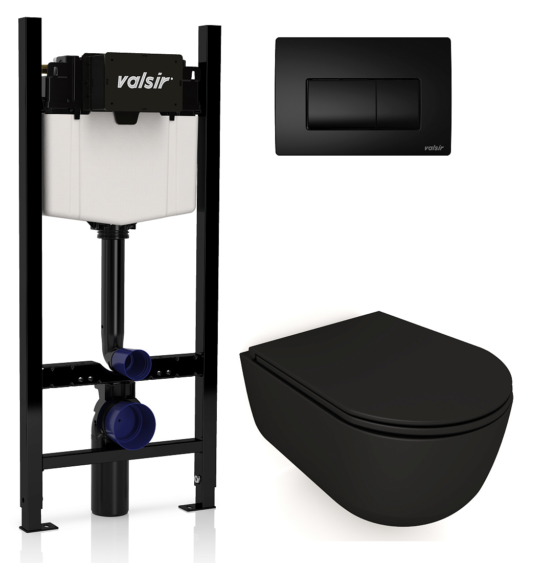 Комплект унитаз с инсталляцией Valsir KIT VSBM 7334NEMT Slim P1 + сиденье + кнопка черная матовая