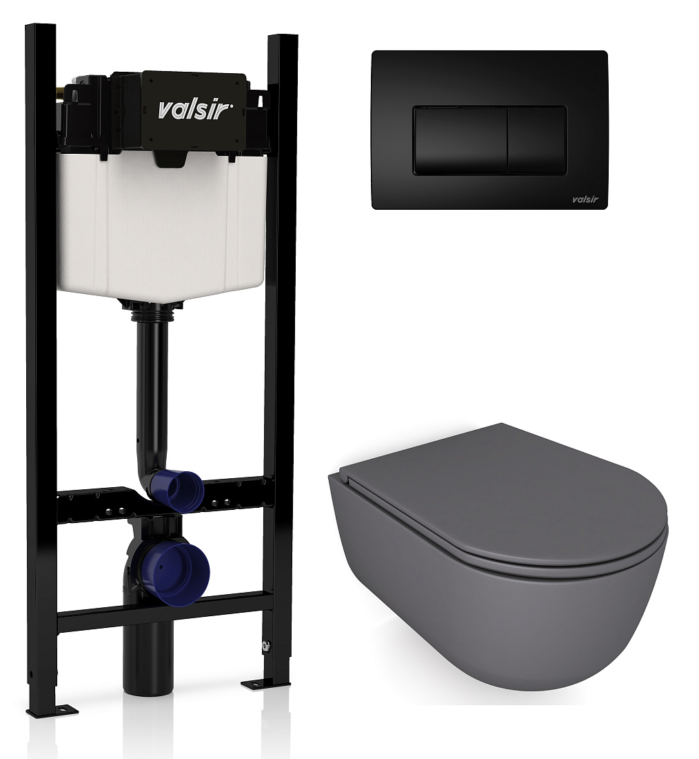 Комплект унитаз с инсталляцией Valsir KIT VSBM 7334GM Slim P1 + сиденье + кнопка черная матовая