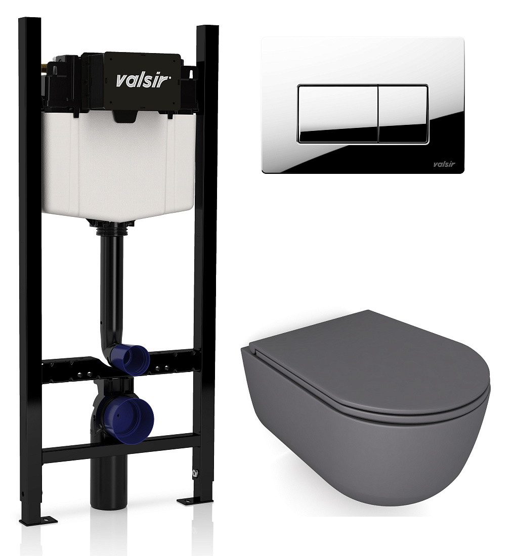 Комплект унитаз с инсталляцией Valsir KIT VSCR  7334GM Slim P1 + сиденье + кнопка хром глянцевый