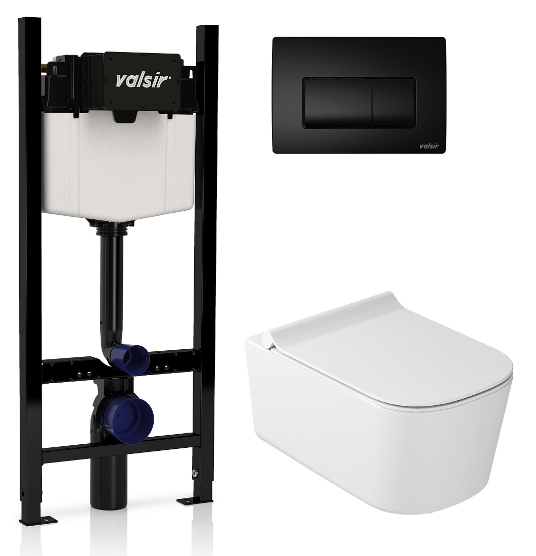 Комплект унитаз с инсталляцией Valsir KIT VSBM 5486 Slim P1 + сиденье + кнопка черная матовая