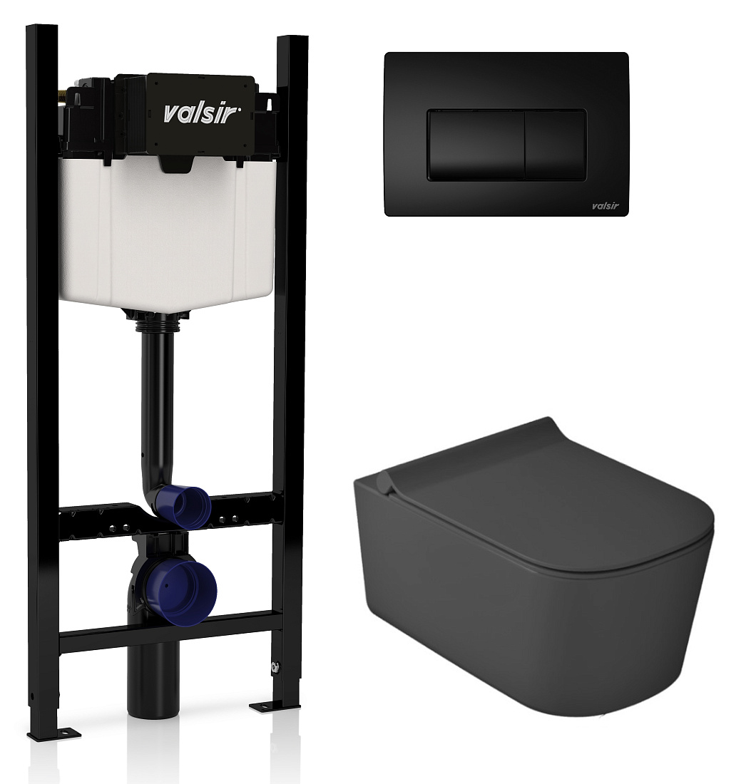 Комплект унитаз с инсталляцией Valsir KIT VSBM 5486NEMT Slim P1 + сиденье + кнопка черная матовая