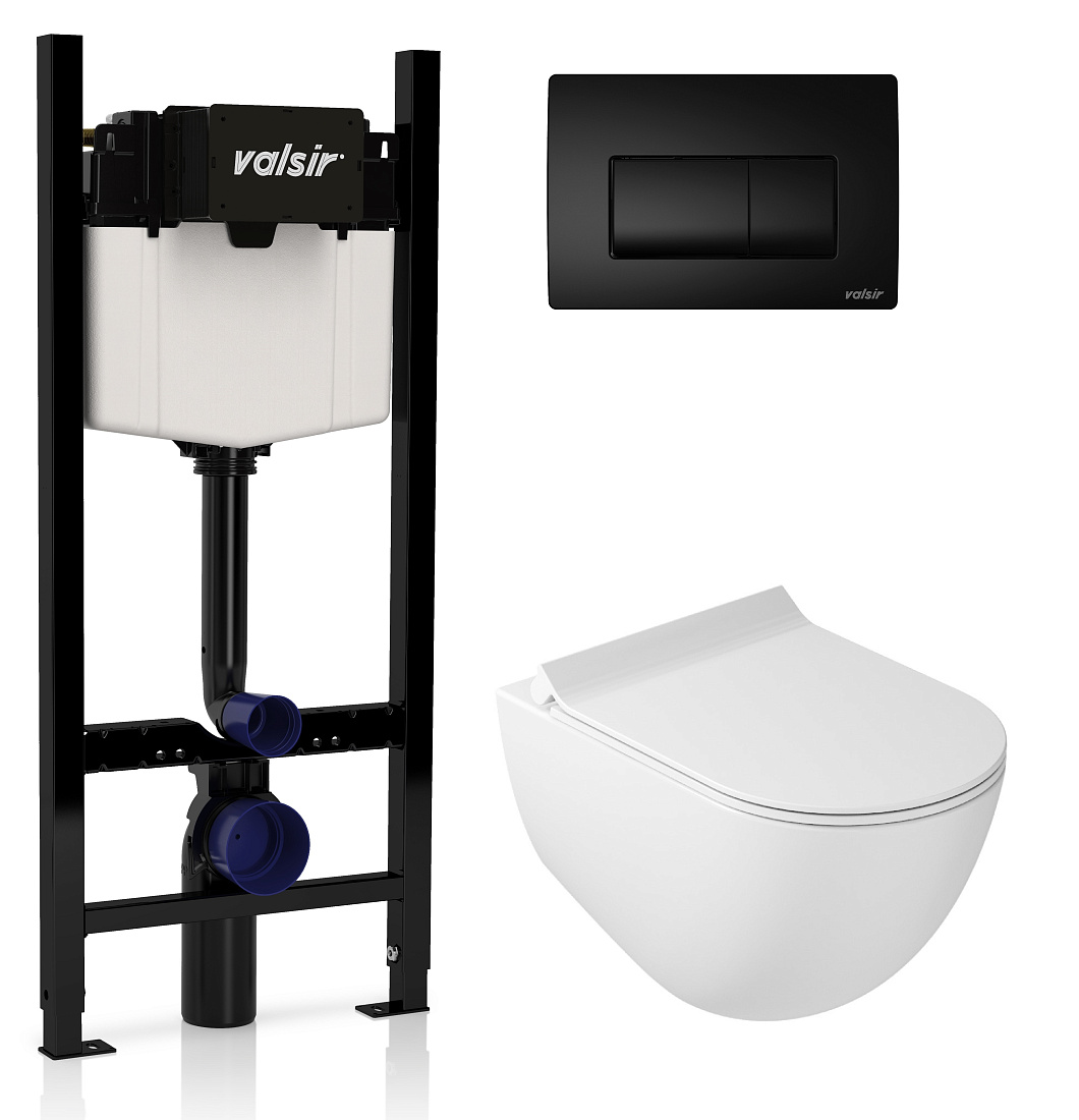 Комплект унитаз с инсталляцией Valsir KIT VSBM 7317 Std P1 + сиденье + кнопка черная матовая