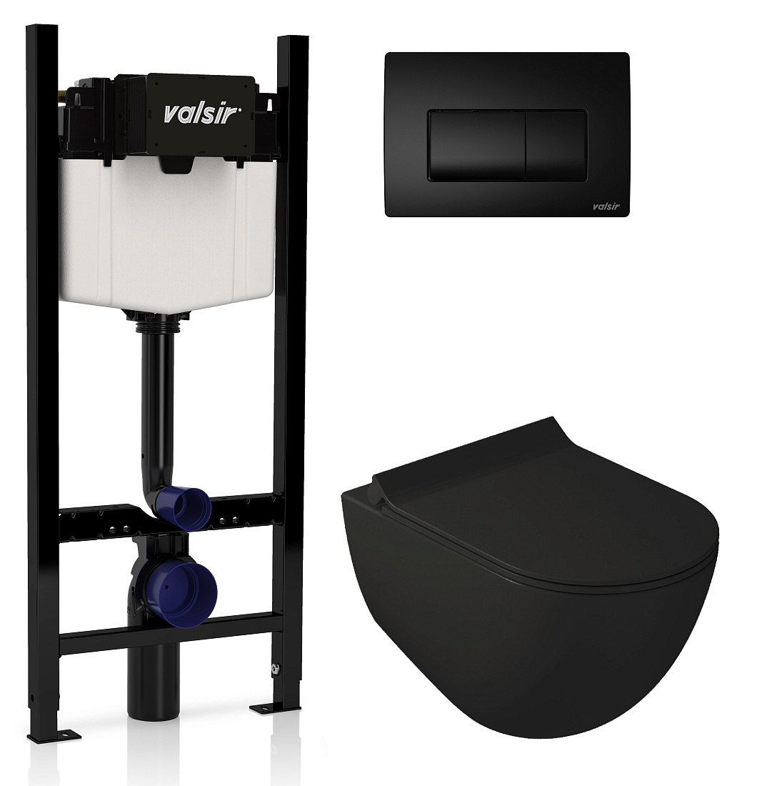 Комплект унитаз с инсталляцией Valsir KIT VSBM 7317NEMT Slim P1 + сиденье + кнопка черная матовая