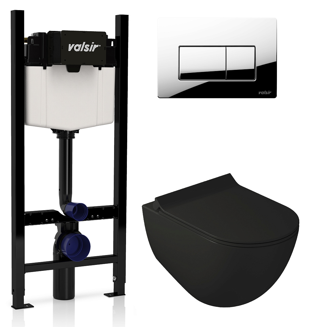 Комплект унитаз с инсталляцией Valsir KIT VSCR  7317NEMT Slim P1 + сиденье + кнопка хром глянцевый