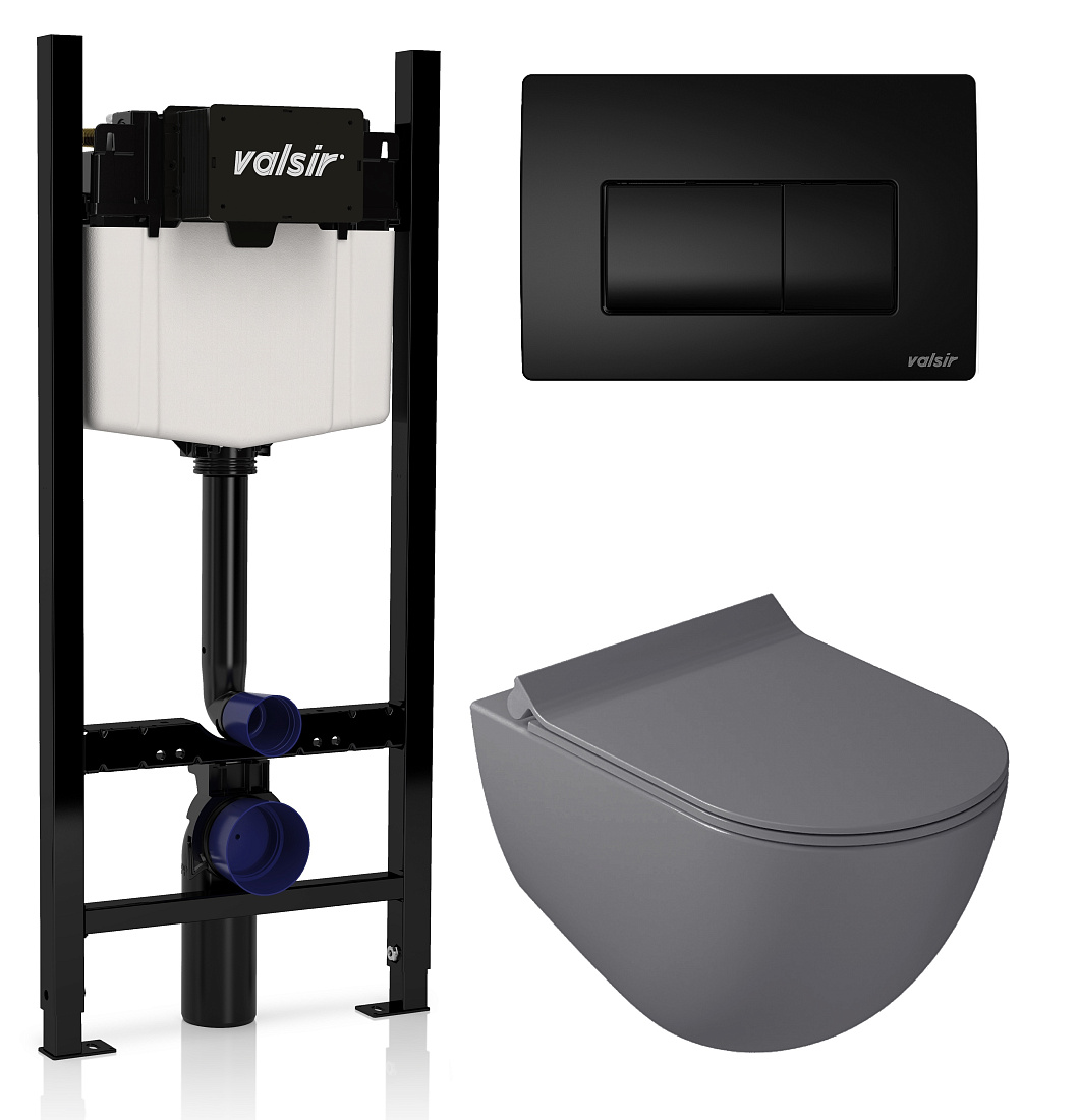 Комплект унитаз с инсталляцией Valsir KIT VSBM 7317GM Slim P1 + сиденье + кнопка черная матовая