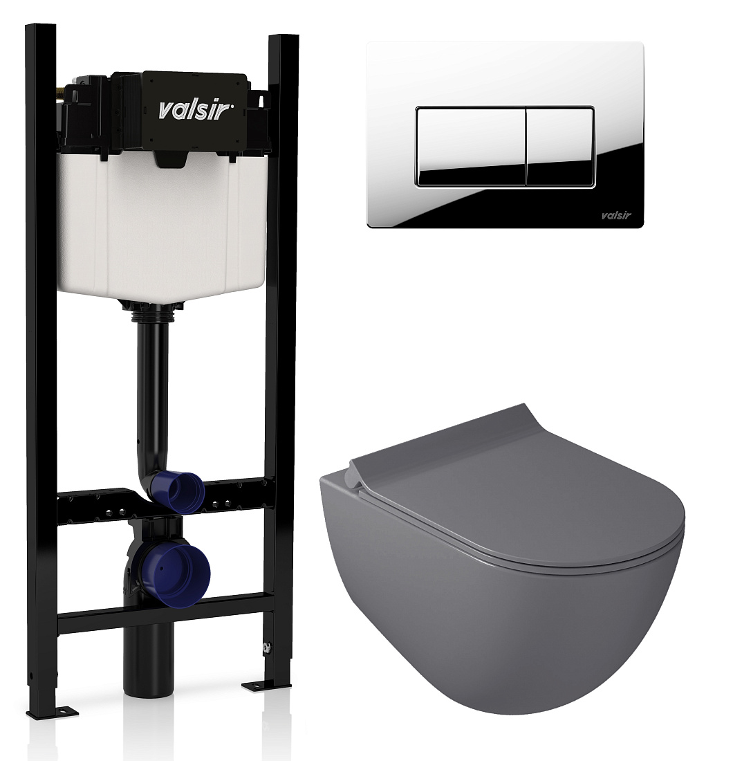 Комплект унитаз с инсталляцией Valsir KIT VSCR  7317GM Slim P1 + сиденье + кнопка хром глянцевый