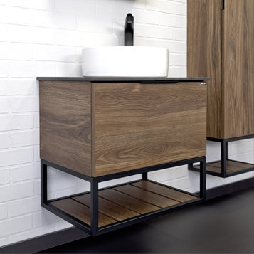 Тумба с раковиной Comforty Порто 60 столешница черная, дуб тёмно-коричневый (раковина Comforty 9111)