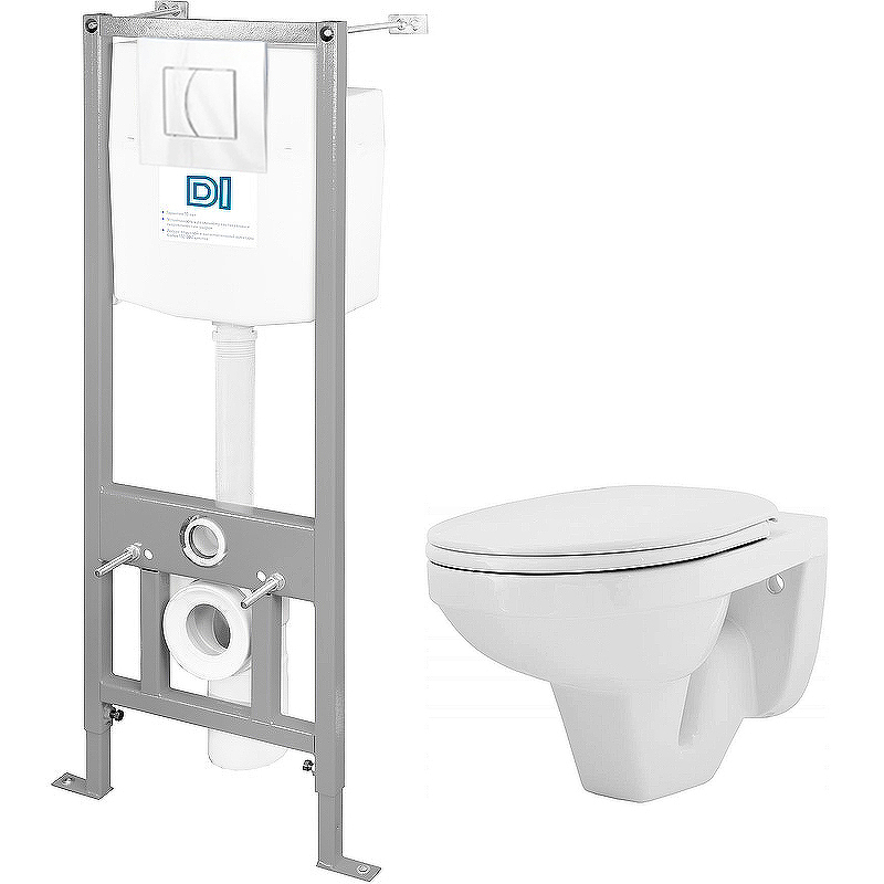 Комплект унитаз с инсталляцией Rosa Рио с сиденьем микролифт, кнопка белая (Вн ПуР02)