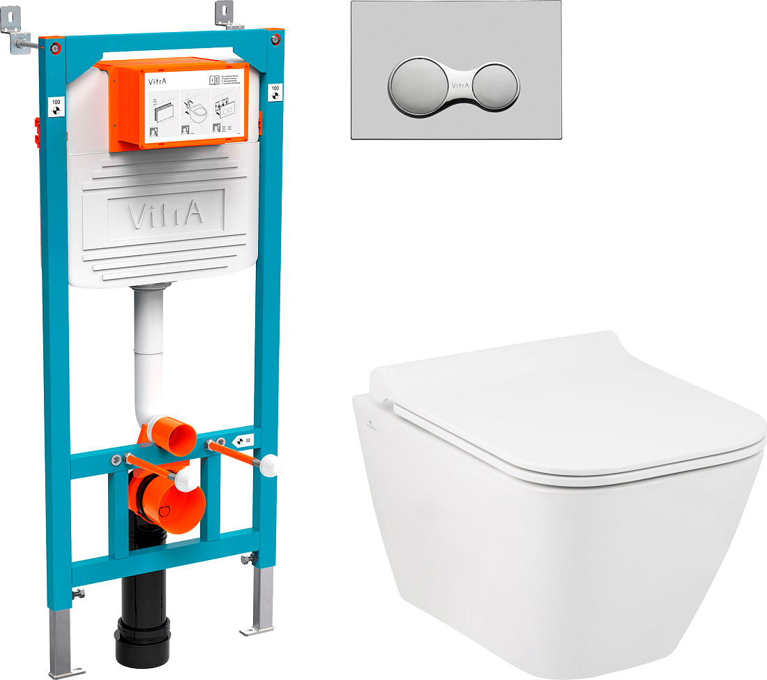 Комплект Унитаз Seramiksan Saturn Rimout A141151H + Инсталляция VitrA 800-2010 с кнопкой смыва, хром