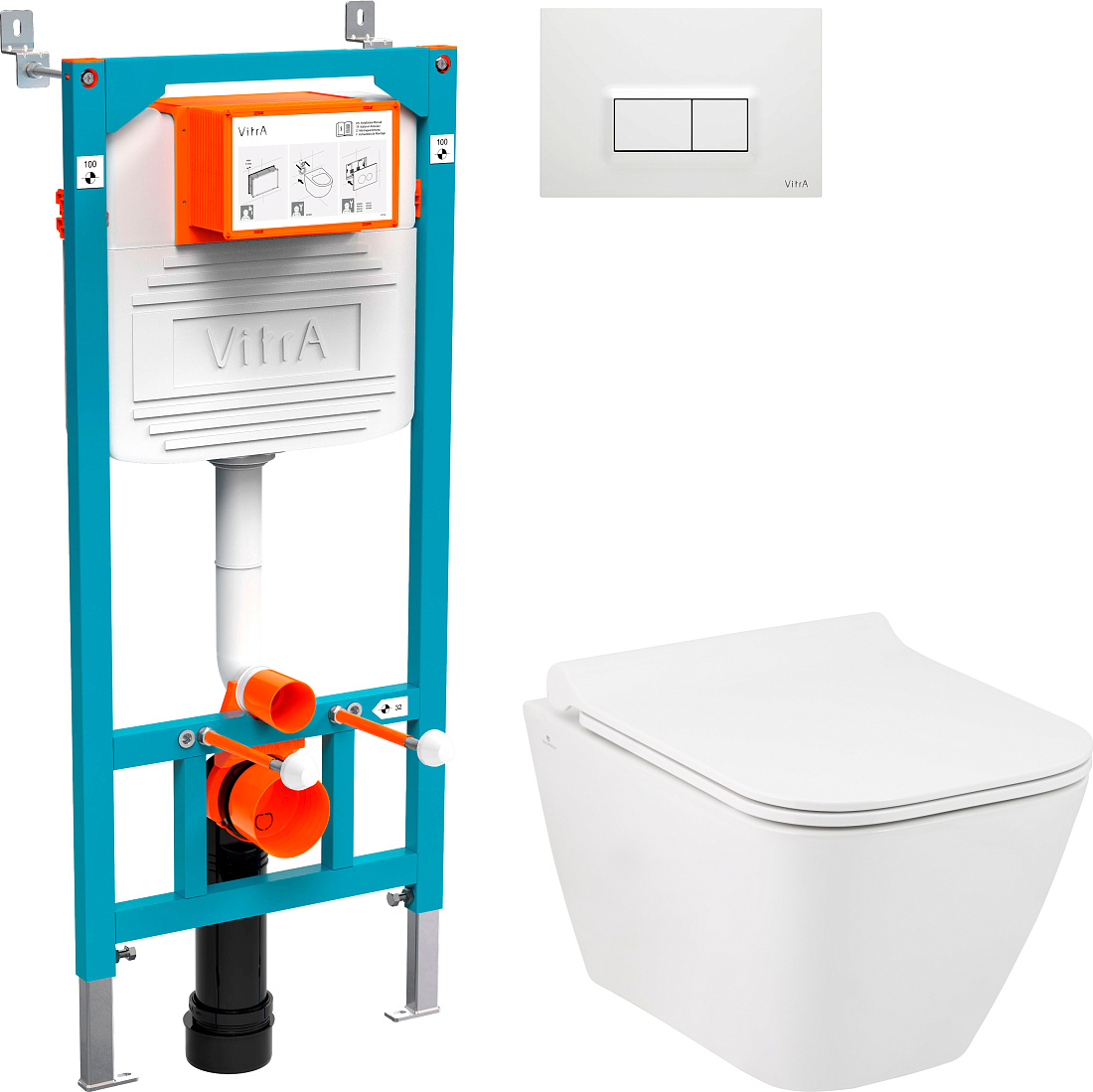 Комплект Унитаз Seramiksan Saturn Rimout A141151H + Инсталляция VitrA 800-2012 с кнопкой смыва, белая