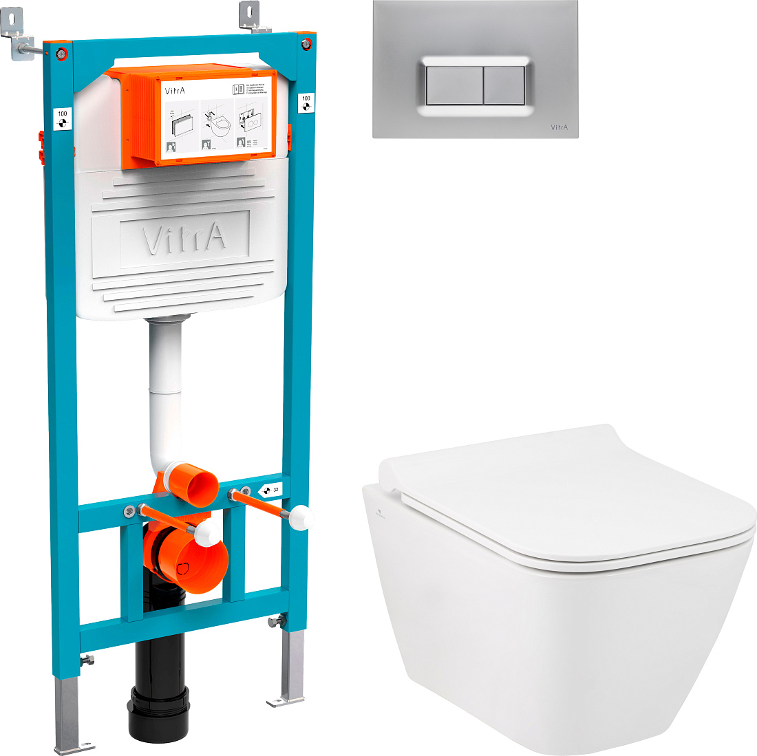 Комплект Унитаз Seramiksan Saturn Rimout A141151H + Инсталляция VitrA 800-2013 с кнопкой смыва, хром