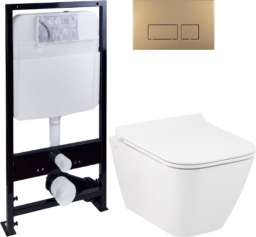 Комплект Унитаз Seramiksan Saturn Rimout A141151H + Инсталляция Ewrika ProLT 0026-2020 + Кнопка смыва, матовое золото