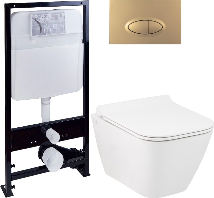 Комплект Унитаз Seramiksan Saturn Rimout A141151H + Инсталляция Ewrika ProLT 0026-2020 + Кнопка смыва Ewrika 0053 золото матовое