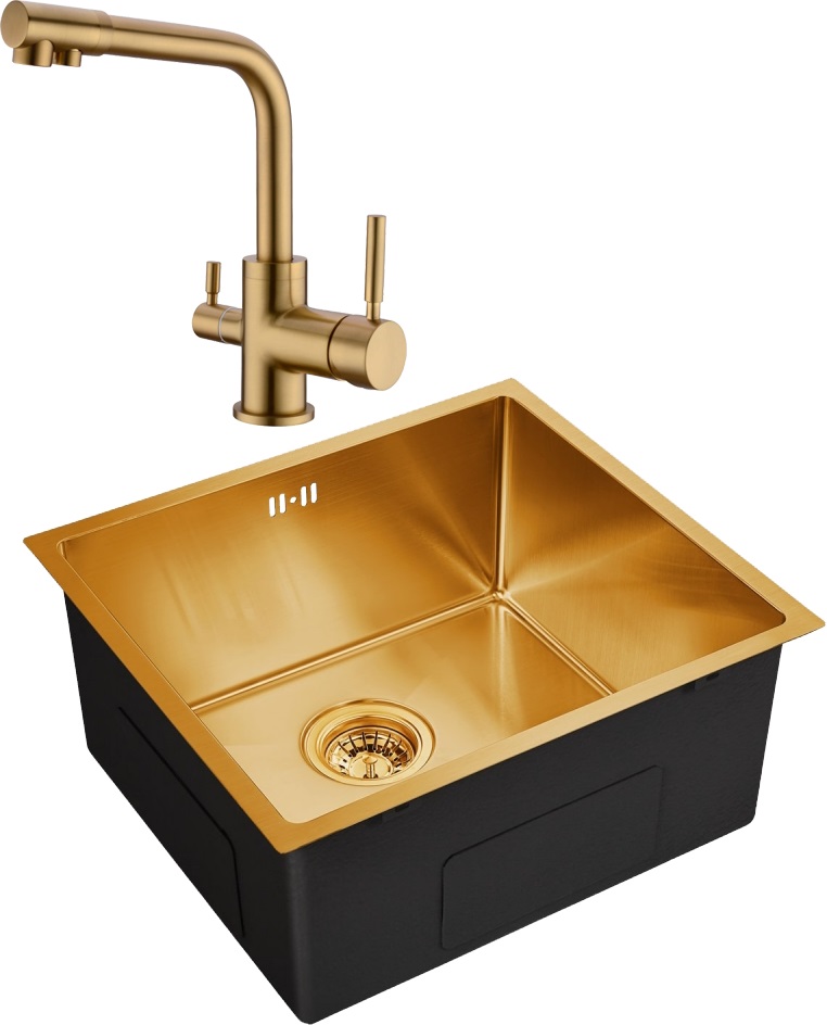 Комплект Мойка кухонная Domaci Равенна EMB-114 золото + Смеситель Domaci Равенна ECB 3003 золото для кухни