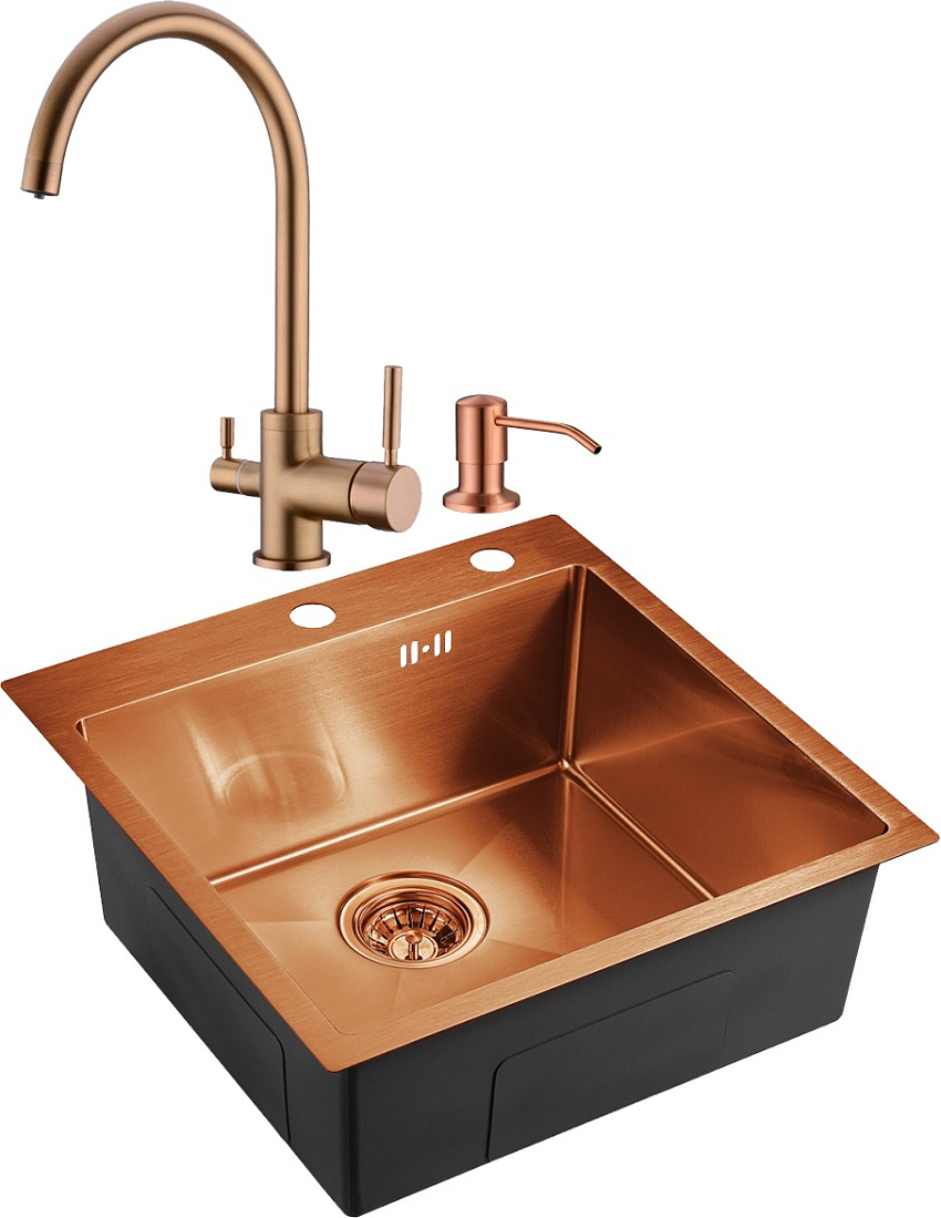 Комплект Мойка кухонная Domaci Равенна EMB-117A медь + Смеситель Domaci Равенна ECB 3007 медь + Дозатор Domaci Равенна P-401 медь