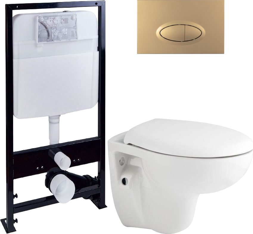 Комплект Унитаз подвесной Seramiksan Natura A051041H + Инсталляция Ewrika ProLT 0026-2020 + Кнопка смыва Ewrika 0053 золото матовое