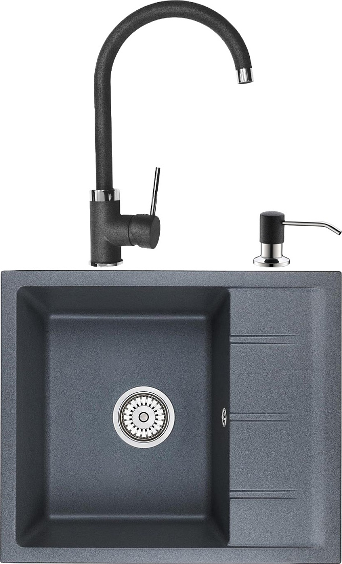 Комплект Мойка кухонная Domaci Солерно EMQ-1580.Q антрацит + Смеситель Domaci Солерно EC-3004 антрацит + Дозатор Domaci Солерно 401D.7 антрацит